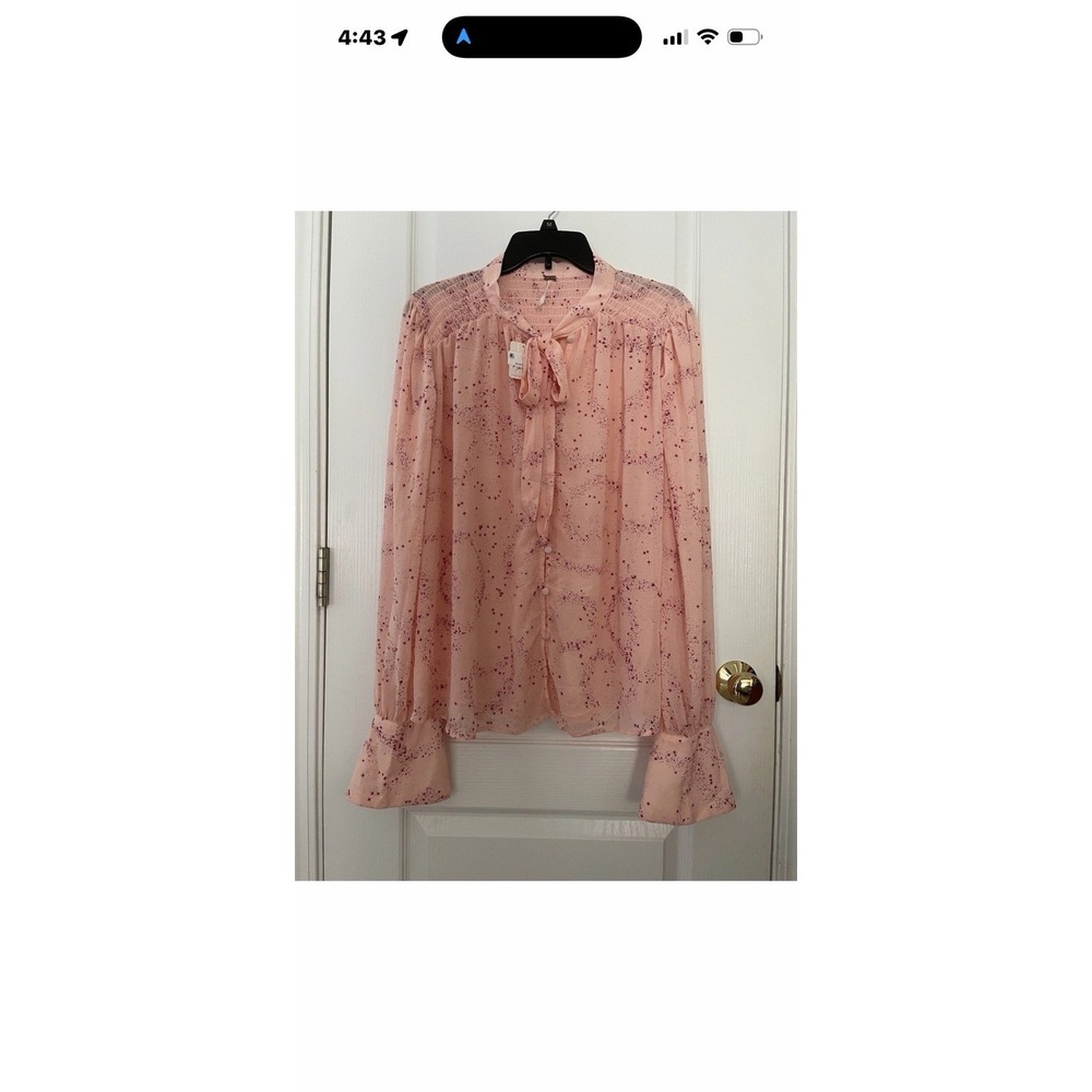 Free People Blouse Sz S Pink Ruffle Tie Neck Sheer Boho OB1828859 Flowy - Picture 2 of 10